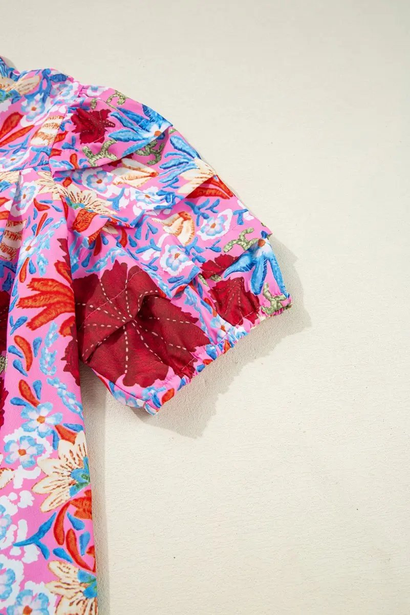 Pink Floral Print Bubble Sleeve Button Up Pleated Shirt - Love Salve